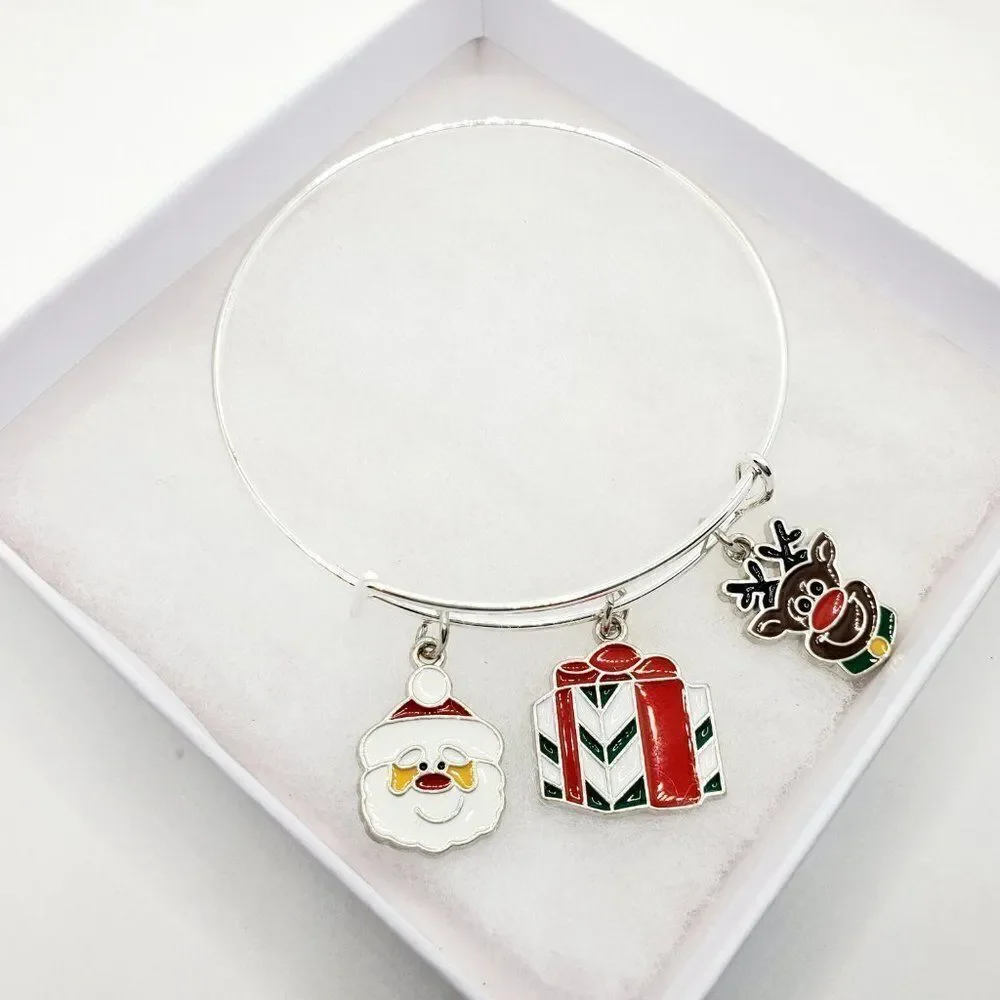 Christmas Santa, Present, and Reindeer Charm Bracelet, Silver Adjustable Jewelry